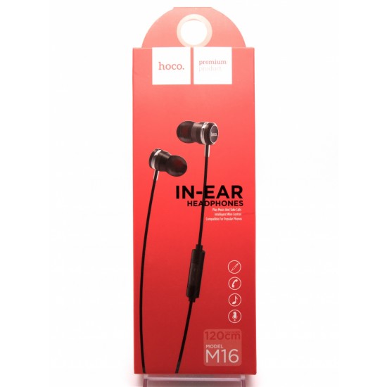 Hoco In- Ear Headphones M16 -Black - Plug Type 3.5mm - Receive Sensitivity 110±3dB -Impedance 16Ω - Frequency Response 20Hz-20KHz - Drive Unit Dynamic