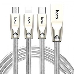 Hoco cable U9 3in1 Zinc Alloy  - White - Length 1.5m - Weight 68g- Suitable for smart devices with Lightning, Micro-USB and Type-C interfaces  Hoco cable U9 3in1 Zinc Alloy  - White - Length 1.5m - Weight 68g- Suitable for smart devices with Lightning, Micro-USB and Type-C interfaces