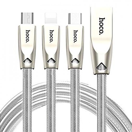  Hoco cable U9 3in1 Zinc Alloy  - White - Length 1.5m - Weight 68g- Suitable for smart devices with Lightning, Micro-USB and Type-C interfaces