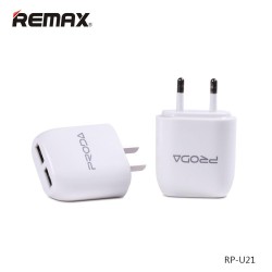 Proda Charger RP-U21 2.1A - EU Plug - Input: 110-240V-50 / 60Hz Max 0.2A - Output: 5V-1A / 5V-2.1A Max 2.1A  Proda Charger RP-U21 2.1A - EU Plug - Input: 110-240V-50 / 60Hz Max 0.2A - Output: 5V-1A / 5V-2.1A Max 2.1A
