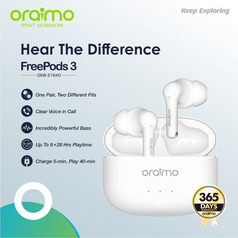 oraimo FreePods 3 TWS True Wireless Stereo Earbuds-White