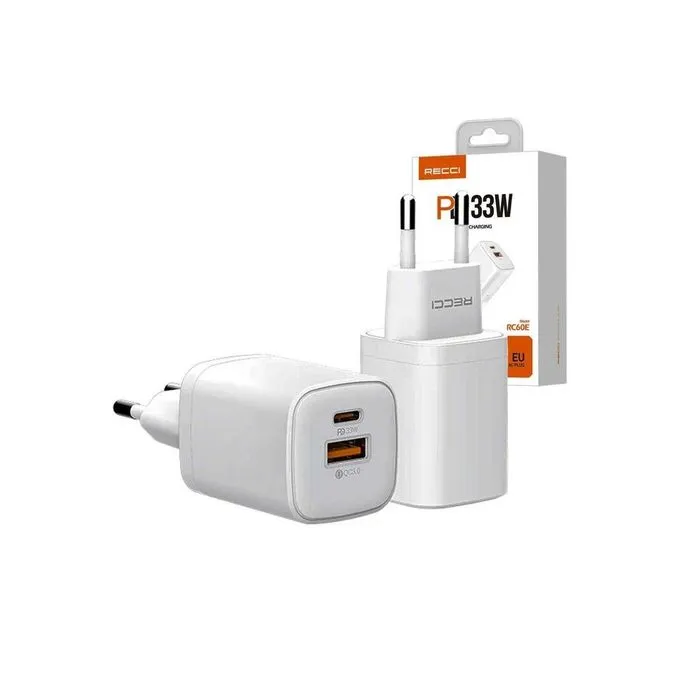 1 (3) شاحن Recci RC60E بقوة 33 وات ومنفذ مزدوج للشحن السريع