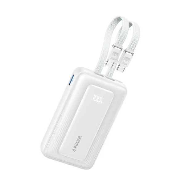 باور بانك أنكر 10000 ميلي أمبير 35 واط بكابلي USB-C مدمجين | أبيض (Anker A1680H32)