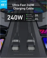 Anker USB-C to USB-C Cable 240W, 6ft - Black (A82E2H11)18-month warranty from the local official agent - Image 2