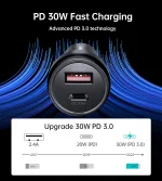 ⁦Choetech-TC0014 شاحن سيارة سريع 60 واط بمنفذي USB-C و USB-A⁩ - الصورة ⁦5⁩