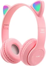 Cute Cat Ear Kids Bluetooth Headphones – Wireless, Over-Ear, Stereo Sound, Foldable with LED Lights for Girls – Pink