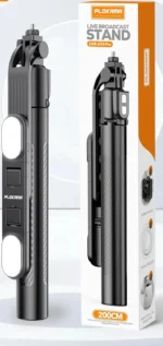 حامل ثلاثي لعصا سيلفي Plokama Live K10 pro مزود بإضاءة LED وجهاز تحكم بلوتوث – ارتفاع 200 سم – أسود