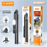 ⁦حامل ثلاثي لعصا سيلفي Plokama Live K10 pro مزود بإضاءة LED وجهاز تحكم بلوتوث – ارتفاع 200 سم – أسود⁩ - الصورة ⁦2⁩