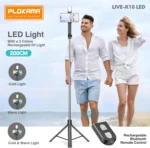 ⁦حامل ثلاثي لعصا سيلفي Plokama Live K10 pro مزود بإضاءة LED وجهاز تحكم بلوتوث – ارتفاع 200 سم – أسود⁩ - الصورة ⁦7⁩