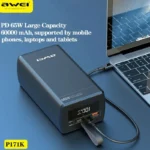 ⁦باور بانك Awei P171K – سعة 60000 مللي أمبير – شحن سريع 65 واط – بشاشة LED ومنفذي Type-C⁩ - الصورة ⁦8⁩